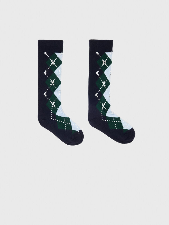 Wool argyle knee-high socks - Navy - View 1