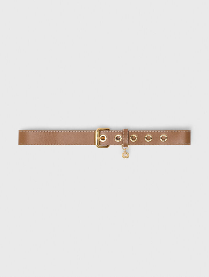 Leather belt with eyelets - Moka - View 1