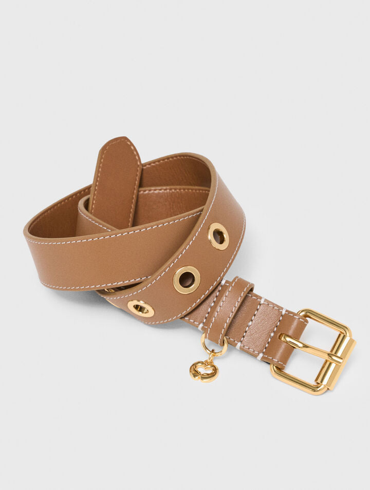 Leather belt with eyelets - Moka - View 3