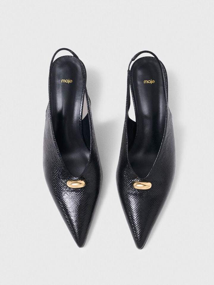 Pointed embossed leather slingbacks - Black - View 4