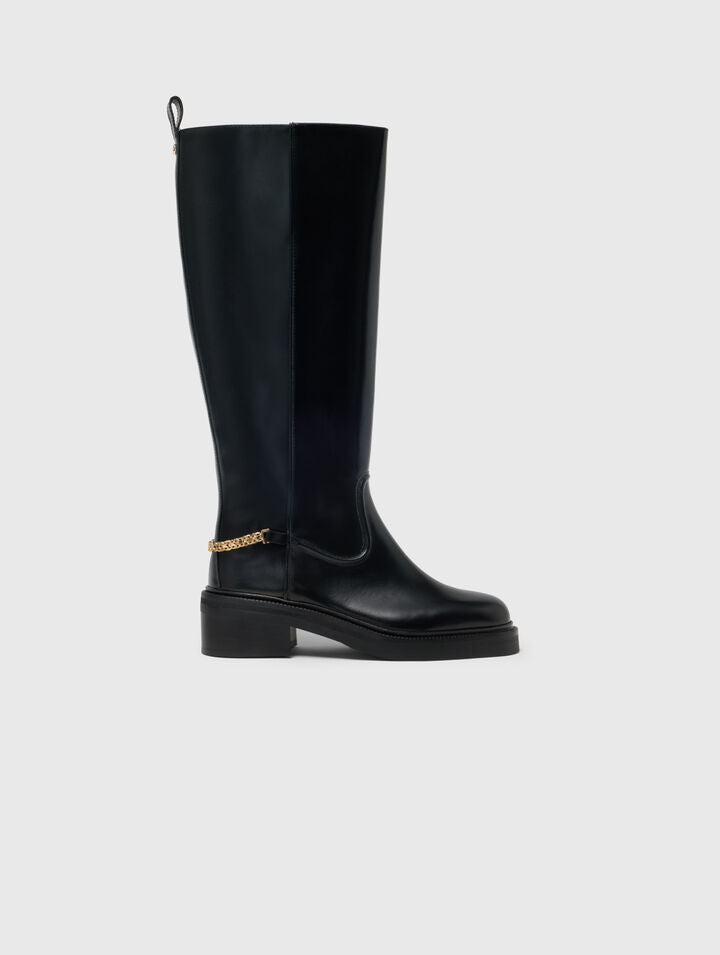 Flat leather boots with chain - Black - View 1
