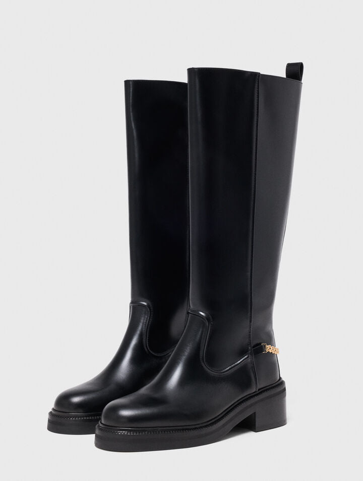 Flat leather boots with chain - Black - View 3