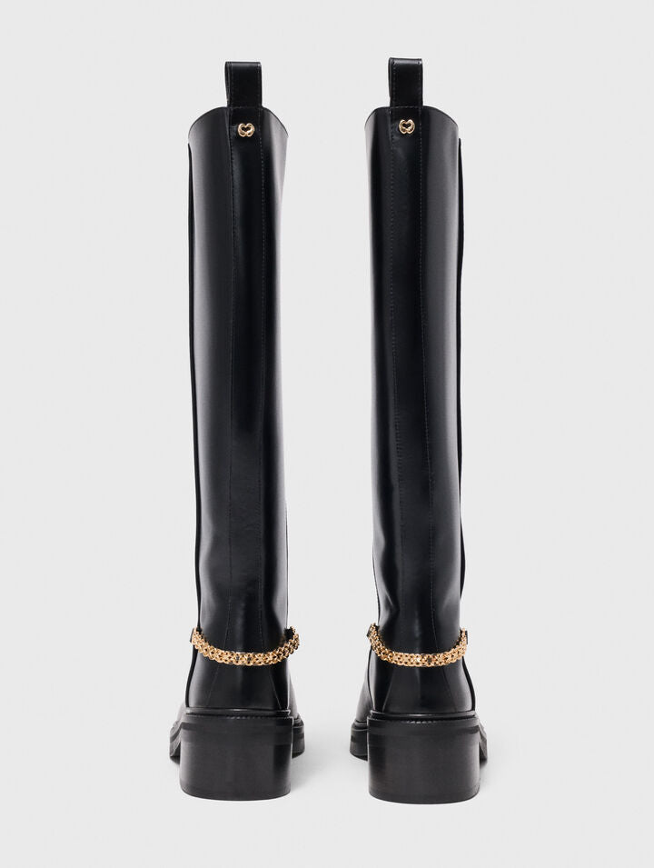 Flat leather boots with chain - Black - View 4