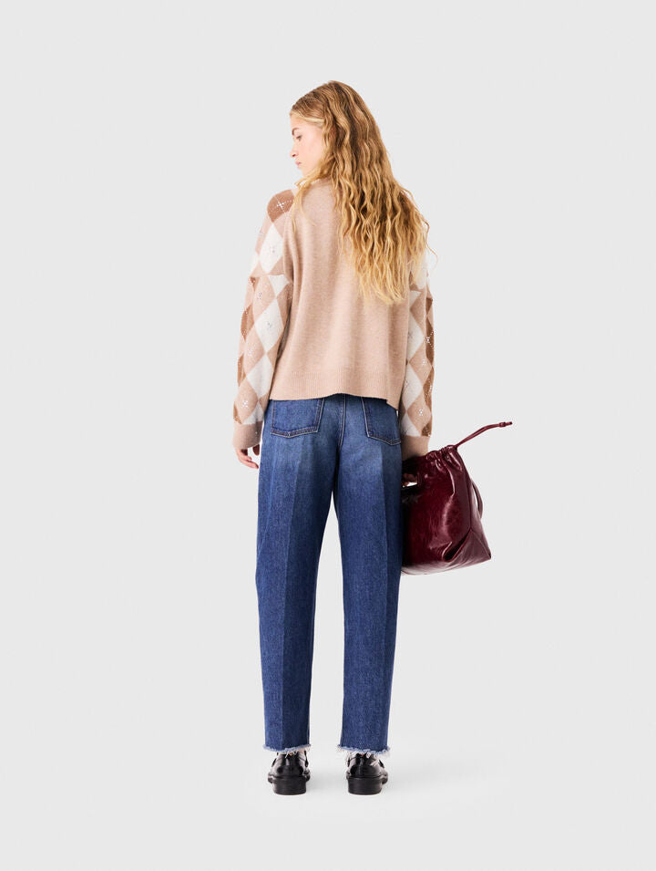 Rhinestone argyle cardigan - Beige - View 2