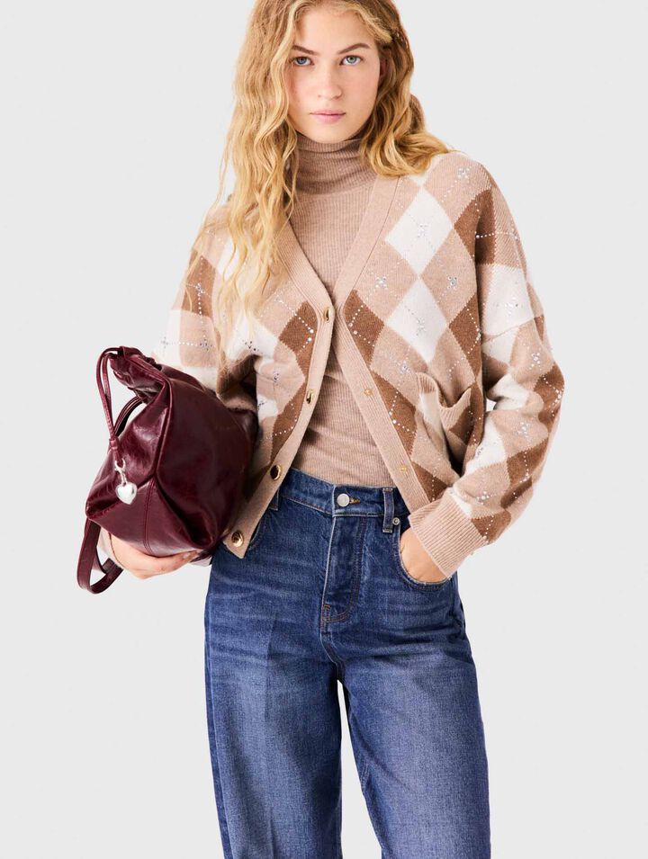 Rhinestone argyle cardigan - Beige - View 3