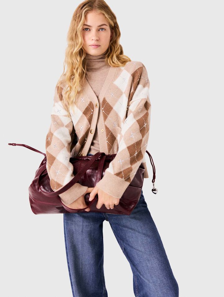 Rhinestone argyle cardigan - Beige - View 4