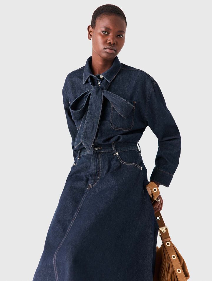 Denim shirt with pussy bow - Navy - View 4