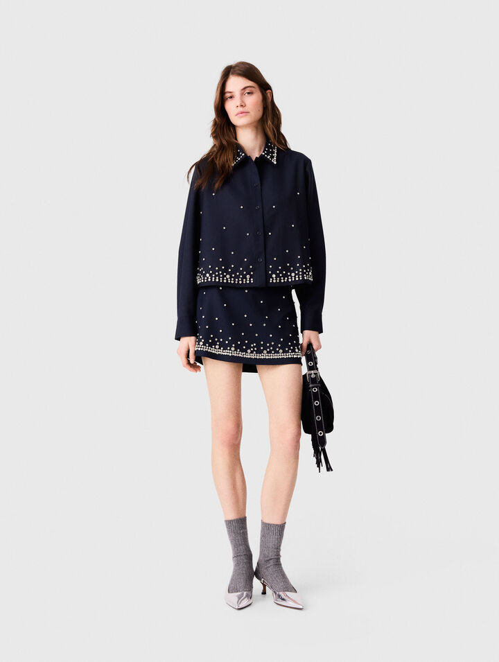 Short rhinestone embroidered shirt - Navy - View 1