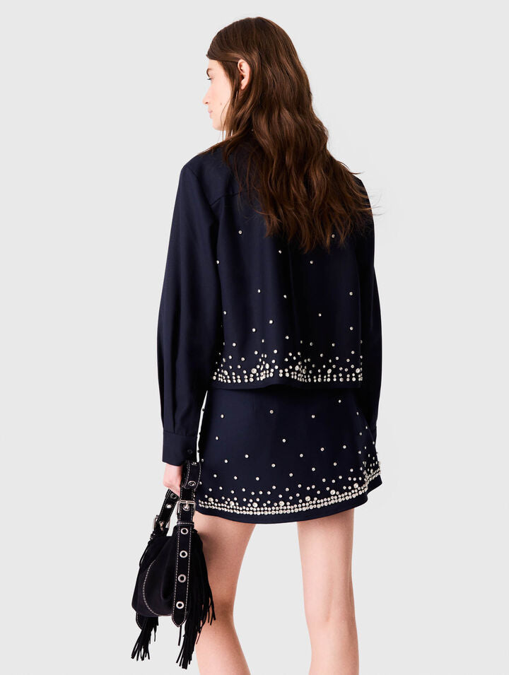 Short rhinestone embroidered shirt - Navy - View 2