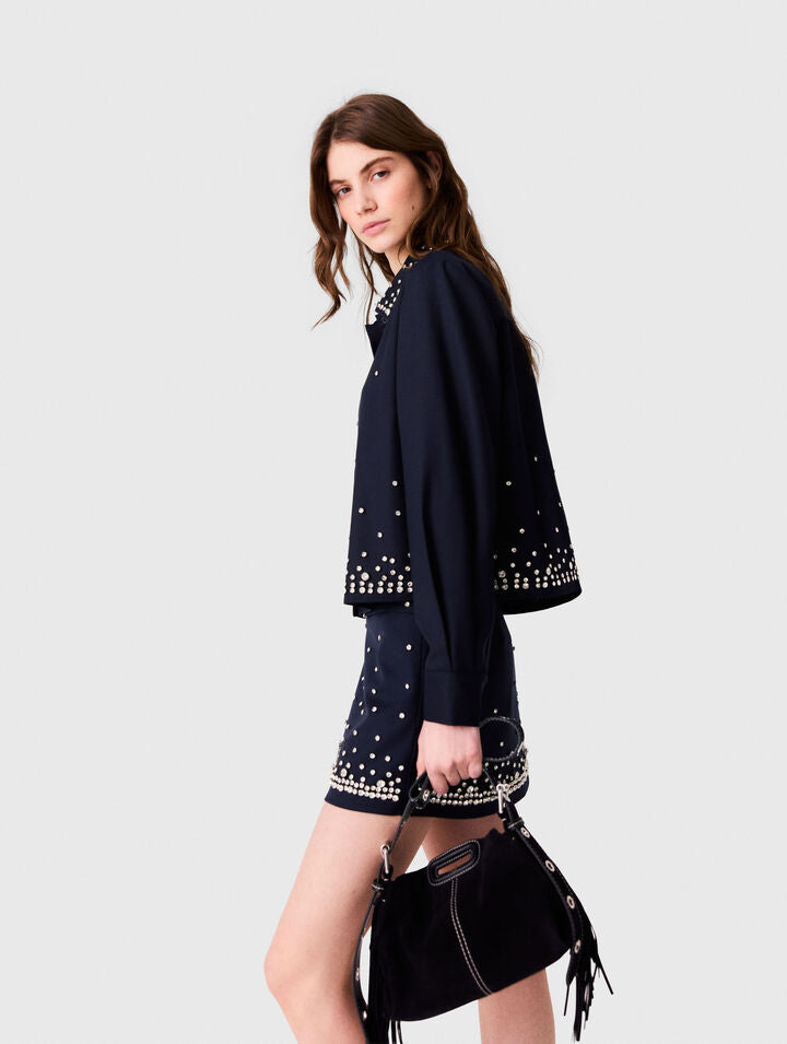 Short rhinestone embroidered shirt - Navy - View 3