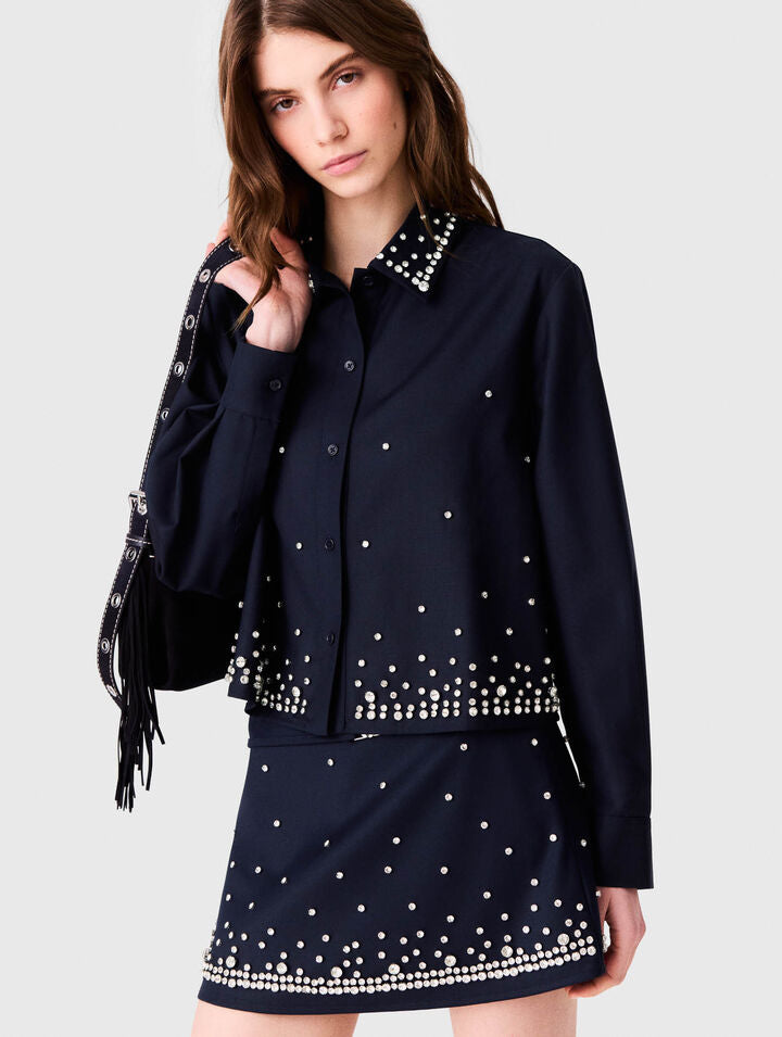 Short rhinestone embroidered shirt - Navy - View 4