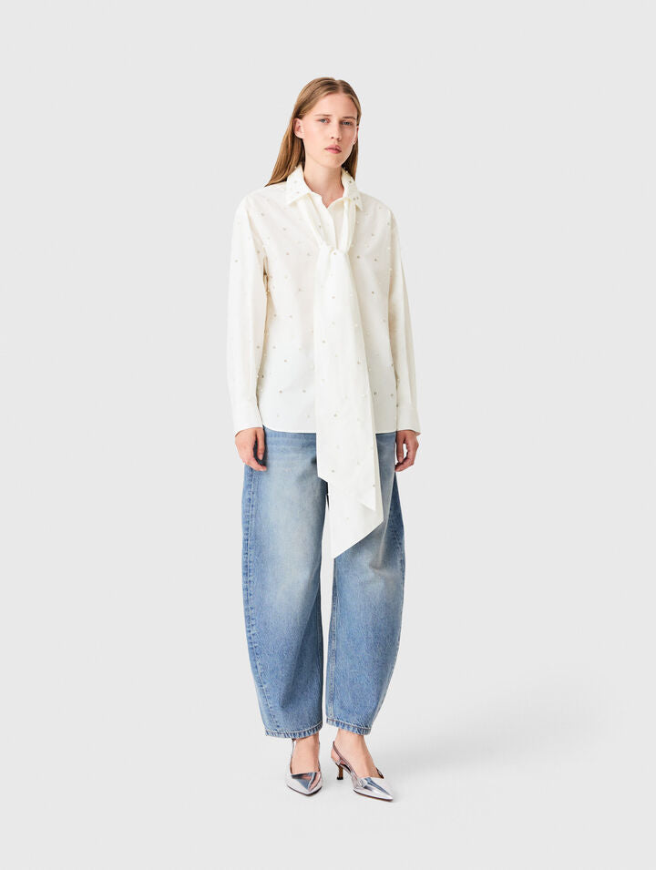 Rhinestone shirt with tie - White - View 1