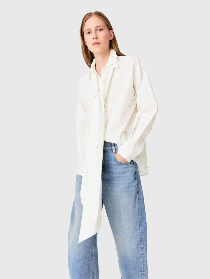 Rhinestone shirt with tie - White - View 3