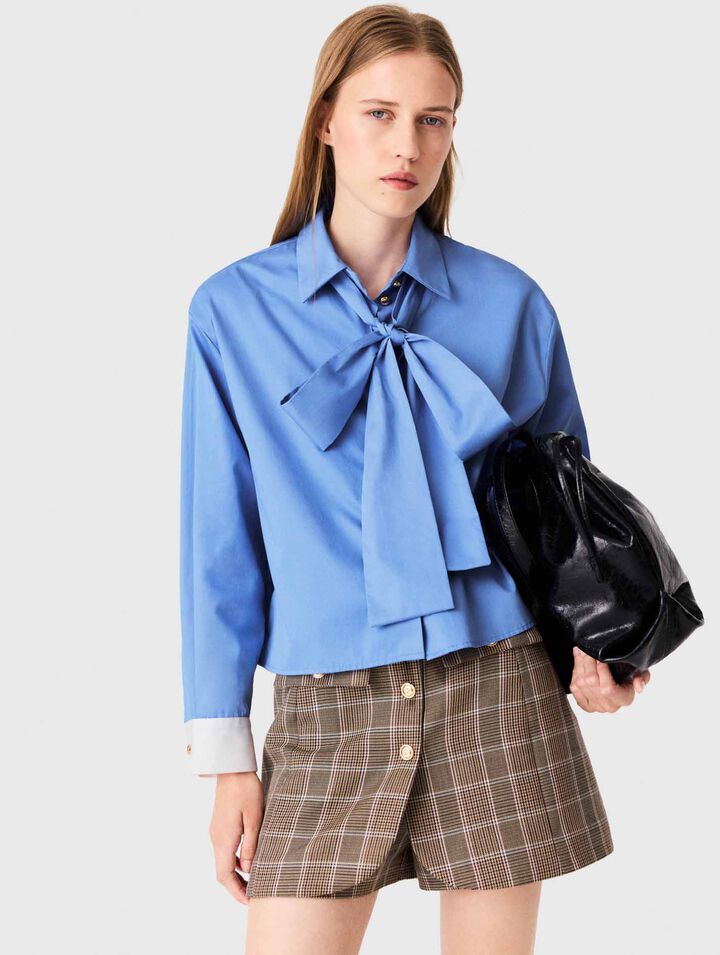 Cotton pussy bow shirt - Blue - View 3