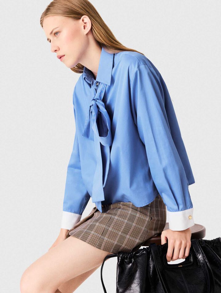 Cotton pussy bow shirt - Blue - View 4