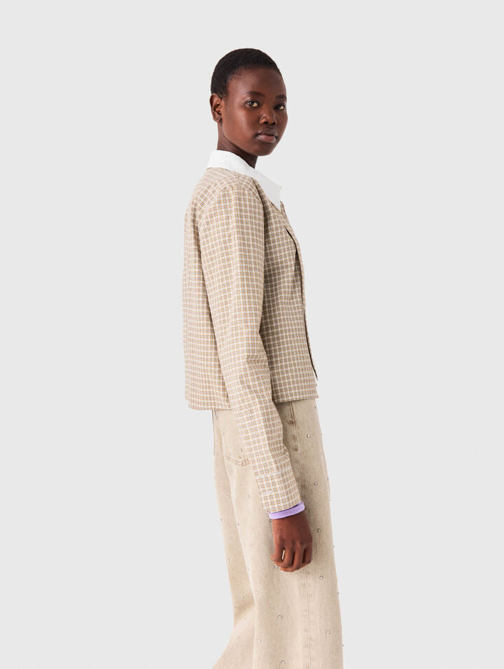 Short rhinestone checked shirt - Beige - View 2