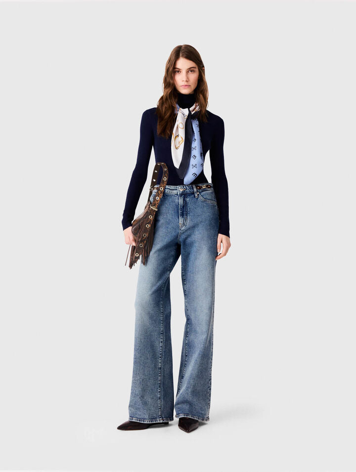 Wide-leg leather buckle jeans - Blue - View 1