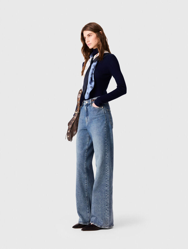 Wide-leg leather buckle jeans - Blue - View 2