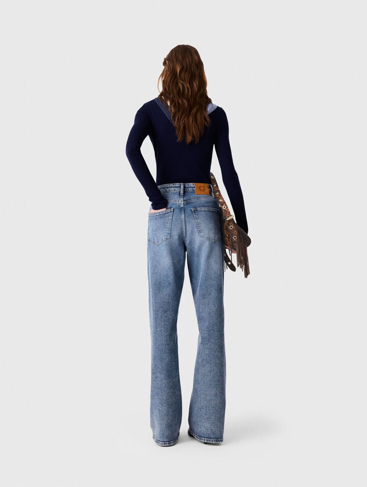 Wide-leg leather buckle jeans - Blue - View 3