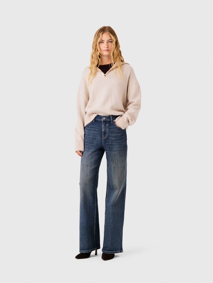 Wide-leg rhinestone jeans - Blue - View 1