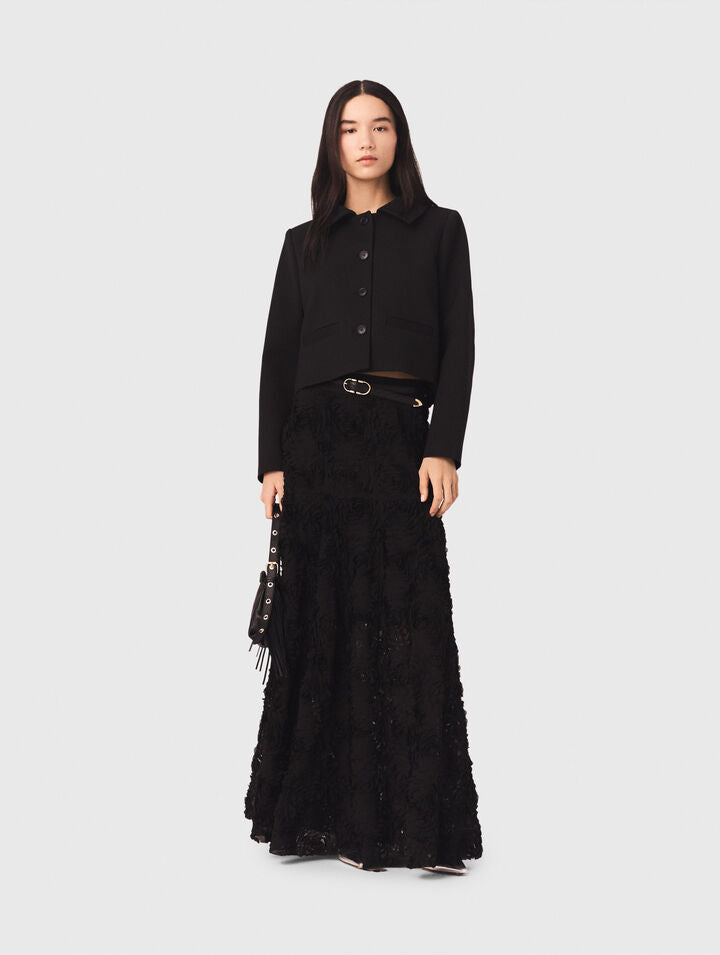 Long embroidered skirt - Black - View 1