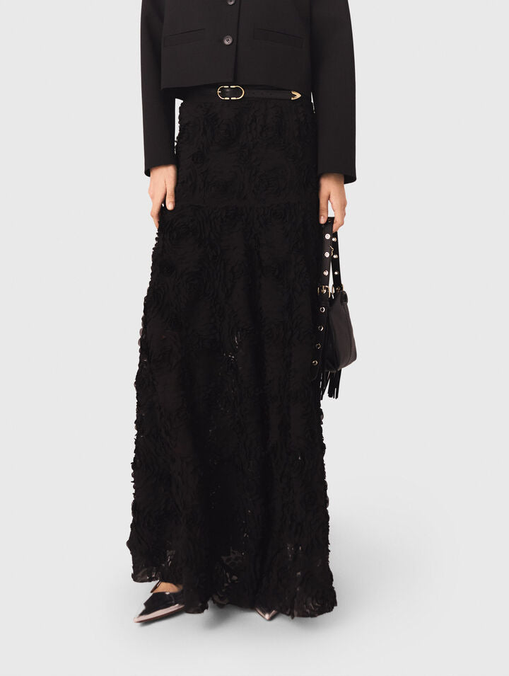 Long embroidered skirt - Black - View 4