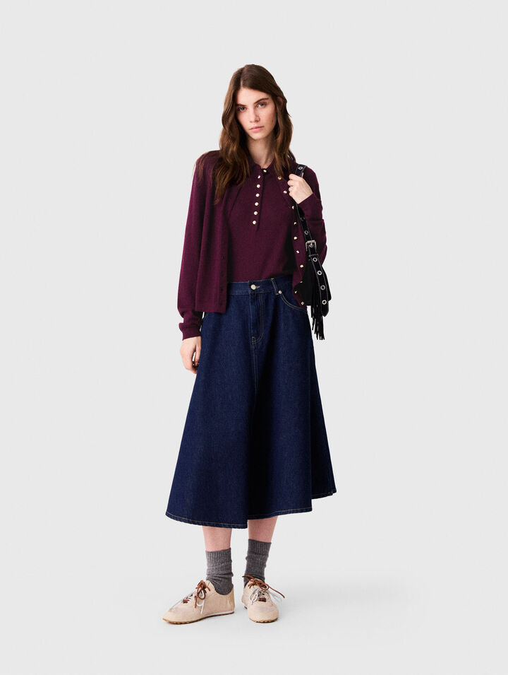 Mid-length flared denim skirt - Navy - View 1