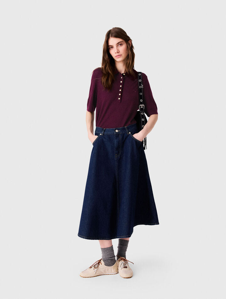 Mid-length flared denim skirt - Navy - View 3