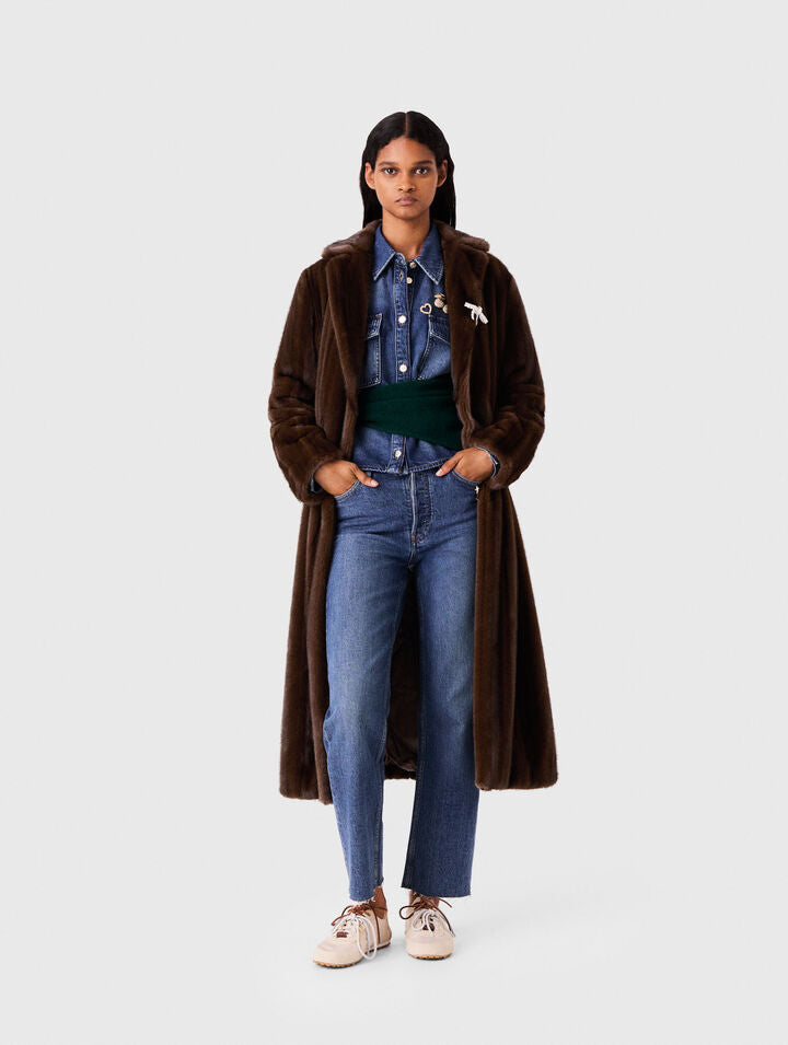 Long faux fur coat - Dark brown - View 1