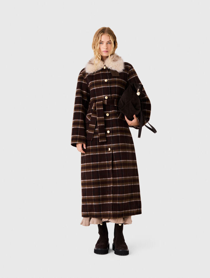 Long coat with faux fur collar - Dark brown - View 1