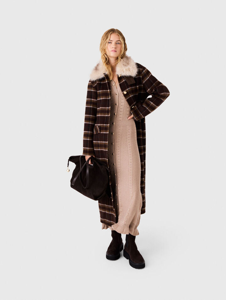 Long coat with faux fur collar - Dark brown - View 3