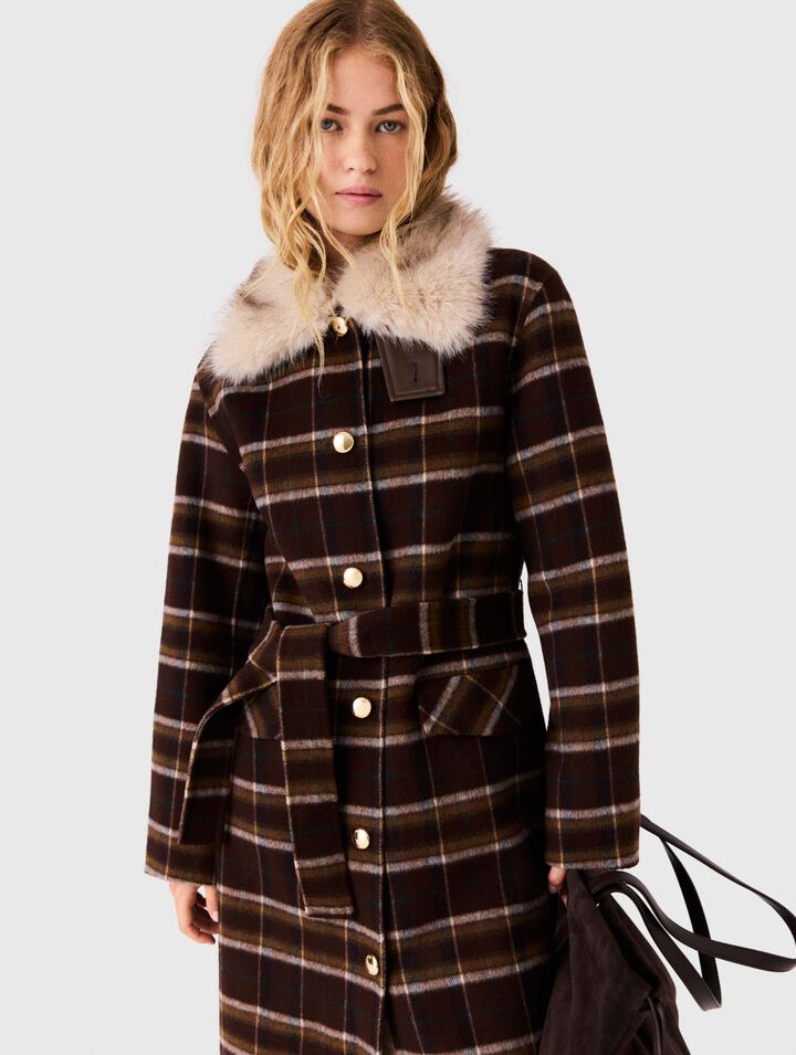 Long coat with faux fur collar - Dark brown - View 4