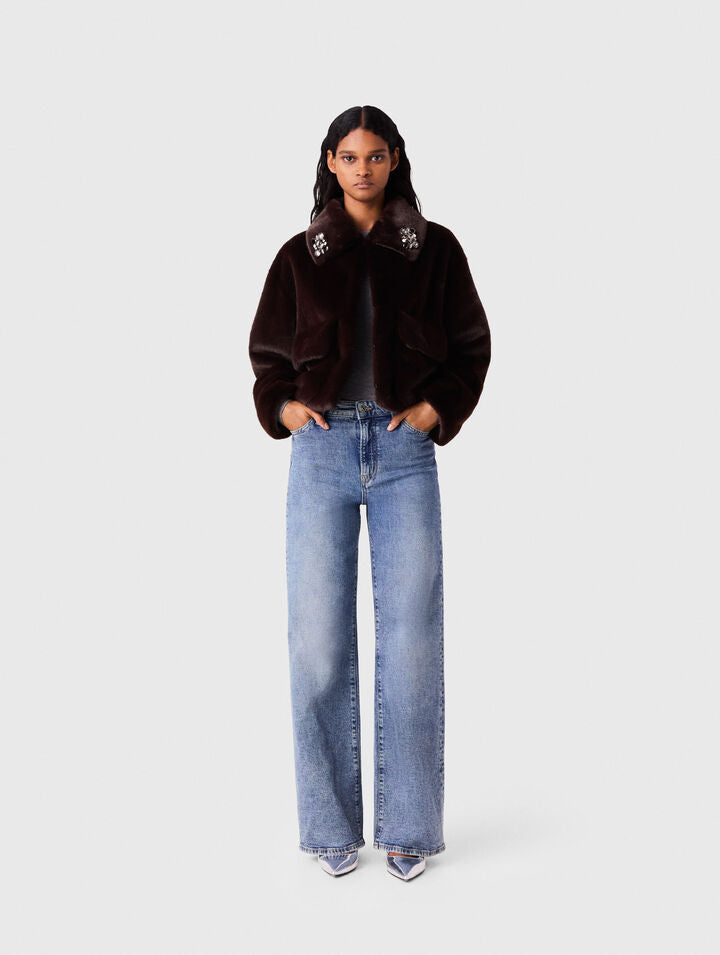 Short faux fur jacket - Dark brown - View 1
