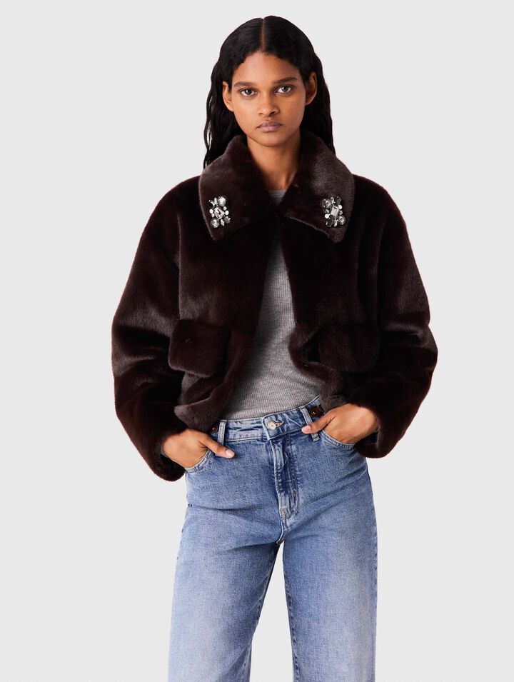 Short faux fur jacket - Dark brown - View 3