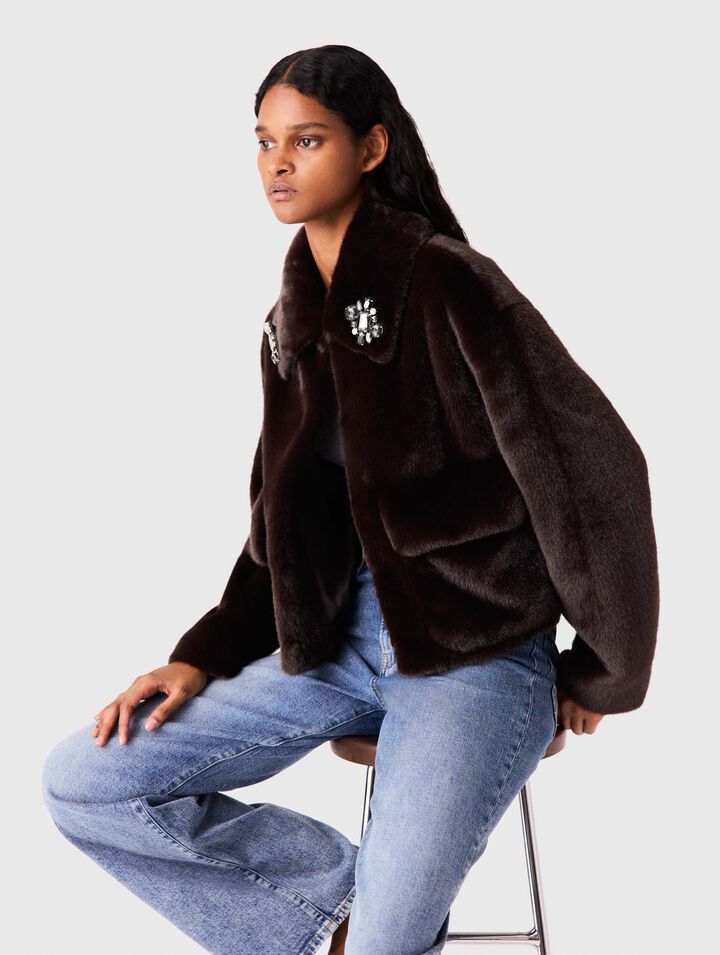 Short faux fur jacket - Dark brown - View 4