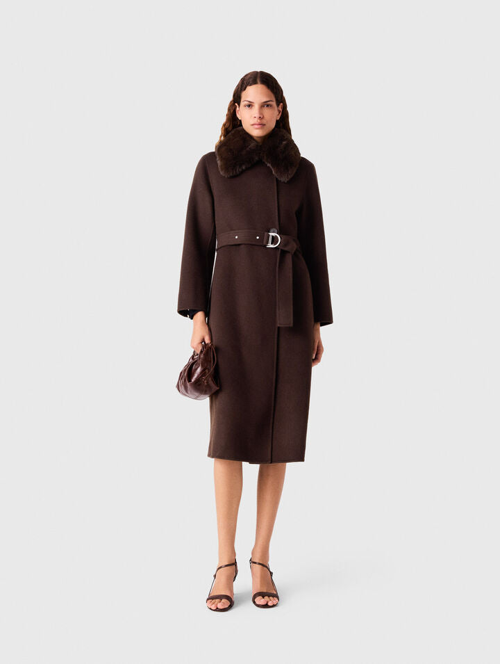 Long coat with faux fur collar - Brown - View 1