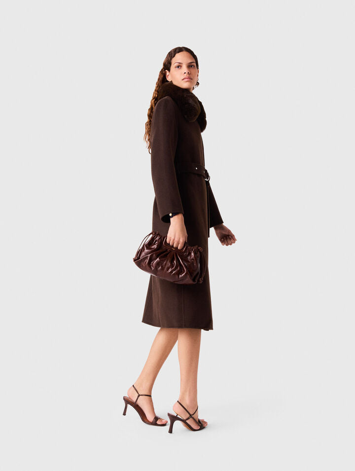 Long coat with faux fur collar - Brown - View 2