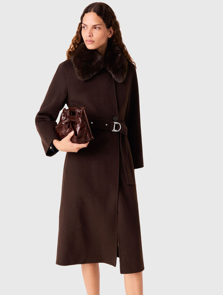 Long coat with faux fur collar - Brown - View 3