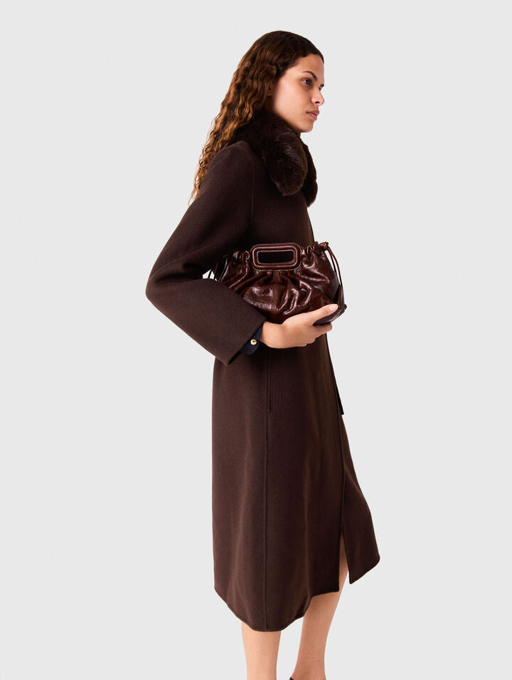 Long coat with faux fur collar - Brown - View 4