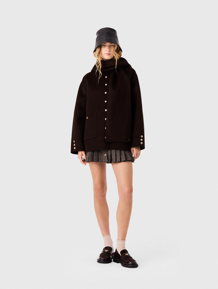 Wool coat with removable scarf - Dark brown - View 1