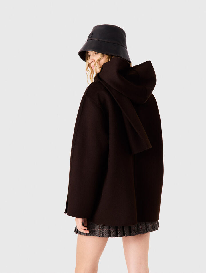 Wool coat with removable scarf - Dark brown - View 2