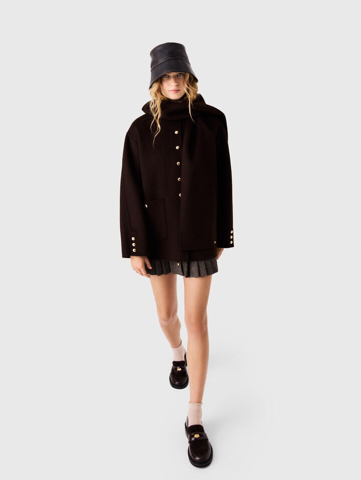 Wool coat with removable scarf - Dark brown - View 3