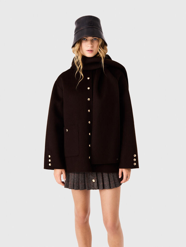 Wool coat with removable scarf - Dark brown - View 4