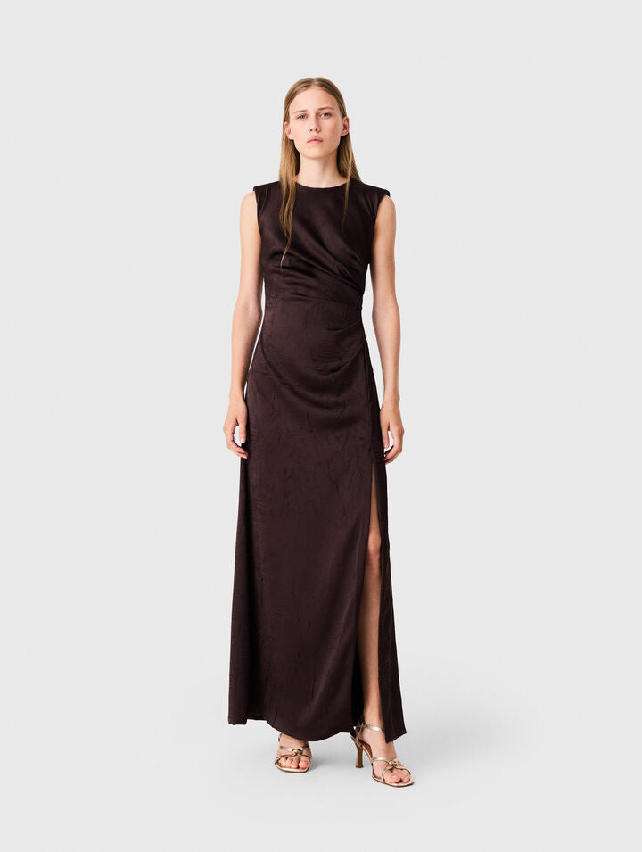 Satin-effect draped maxi dress - Brown - View 1