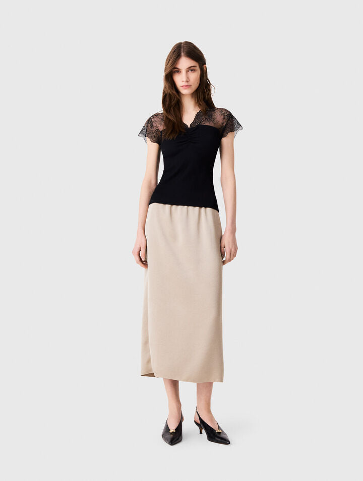 Jersey top with lace trim - Black - View 1