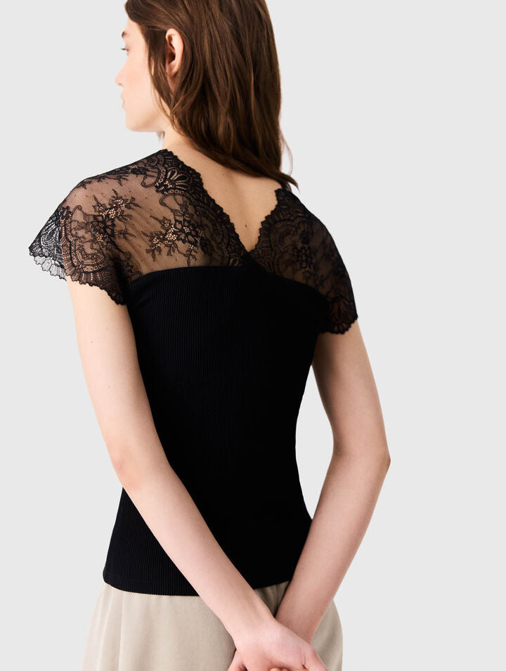 Jersey top with lace trim - Black - View 2