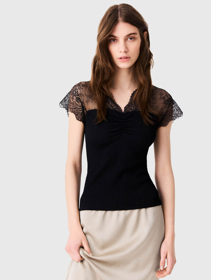 Jersey top with lace trim - Black - View 3