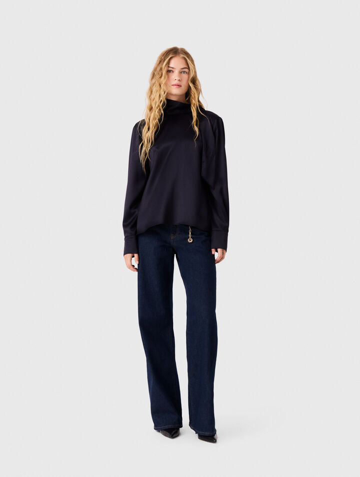 Satin blouse with draped back - Navy - View 1