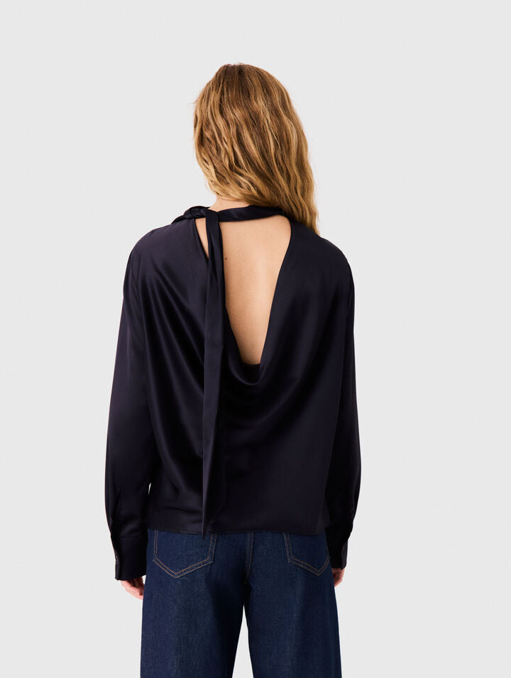 Satin blouse with draped back - Navy - View 2