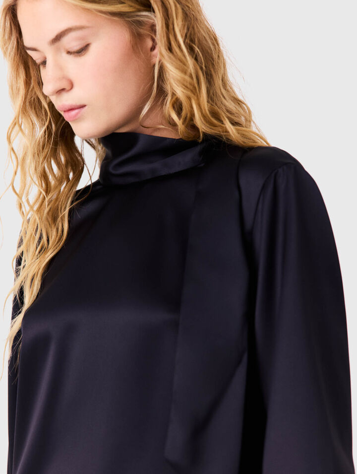 Satin blouse with draped back - Navy - View 3